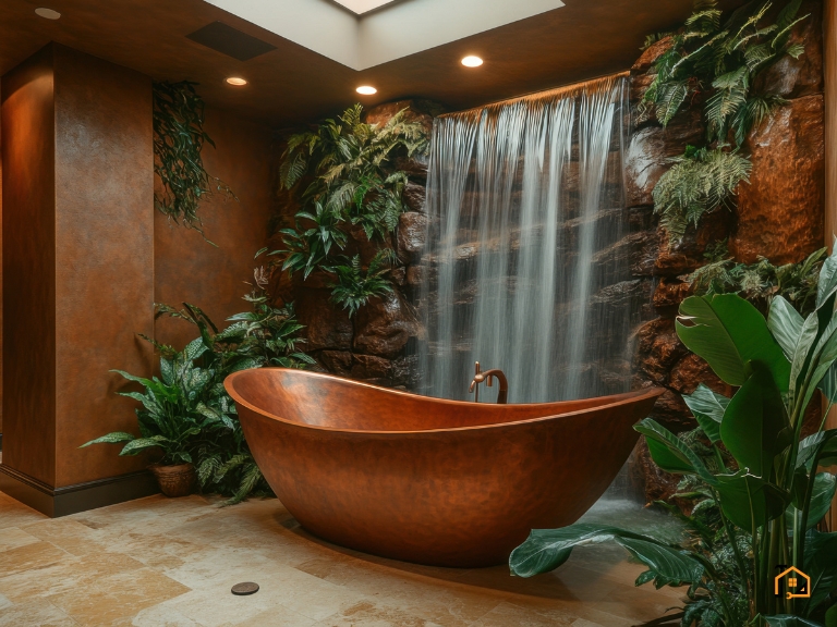 Luksusowa łazienka z wolnostojącą wanną i ścianą z kaskadą wodną w otoczeniu roślin