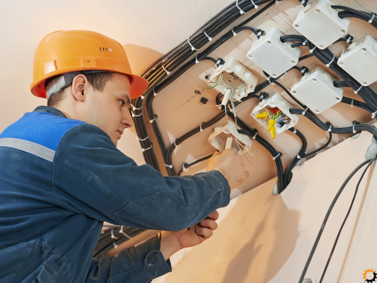 Elektryk instalujący przewody w ścianie podczas remontu