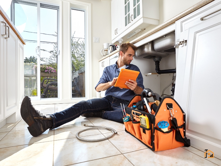 Hydraulik z narzędziami sprawdzający szczelność rur pod zlewem