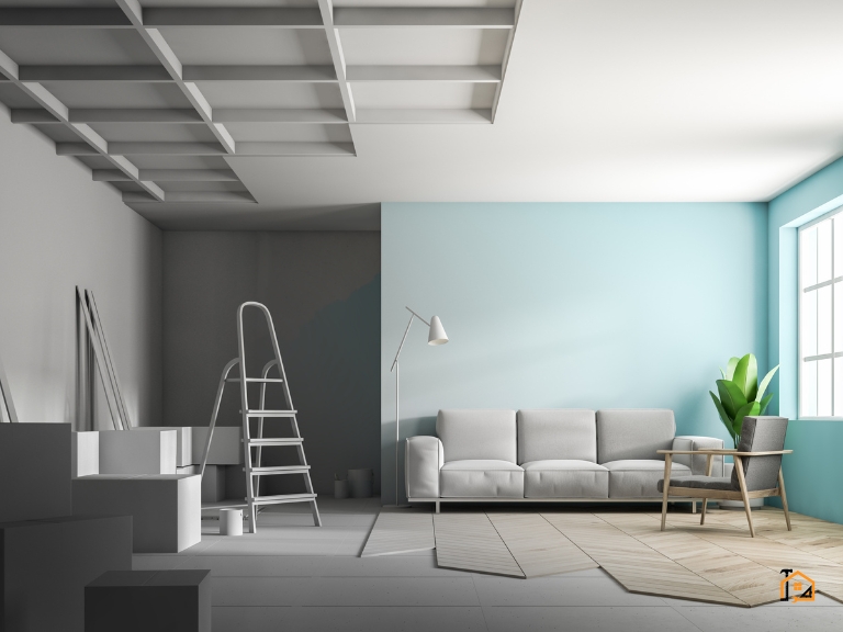 Salon w trakcie malowania i prac wykończeniowych sufitu