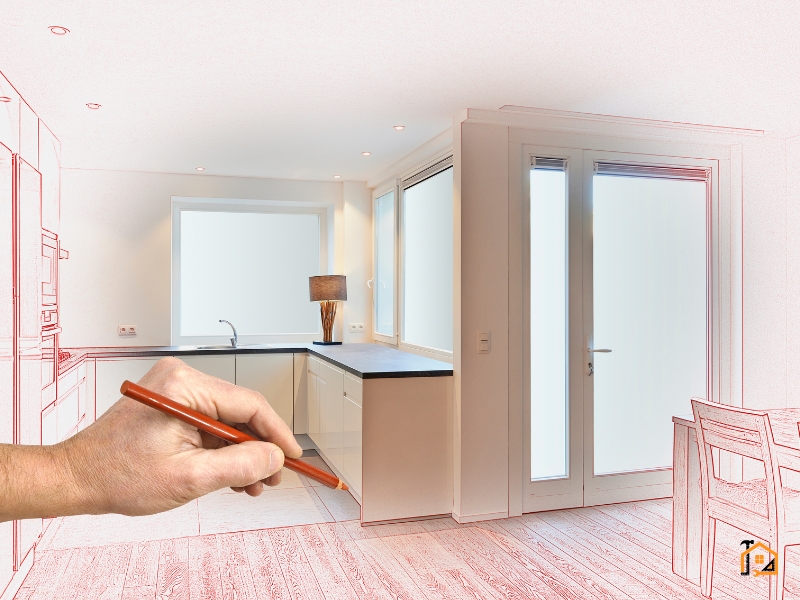 Ręka projektanta szkicująca wnętrze podczas kompleksowego remontu mieszkania